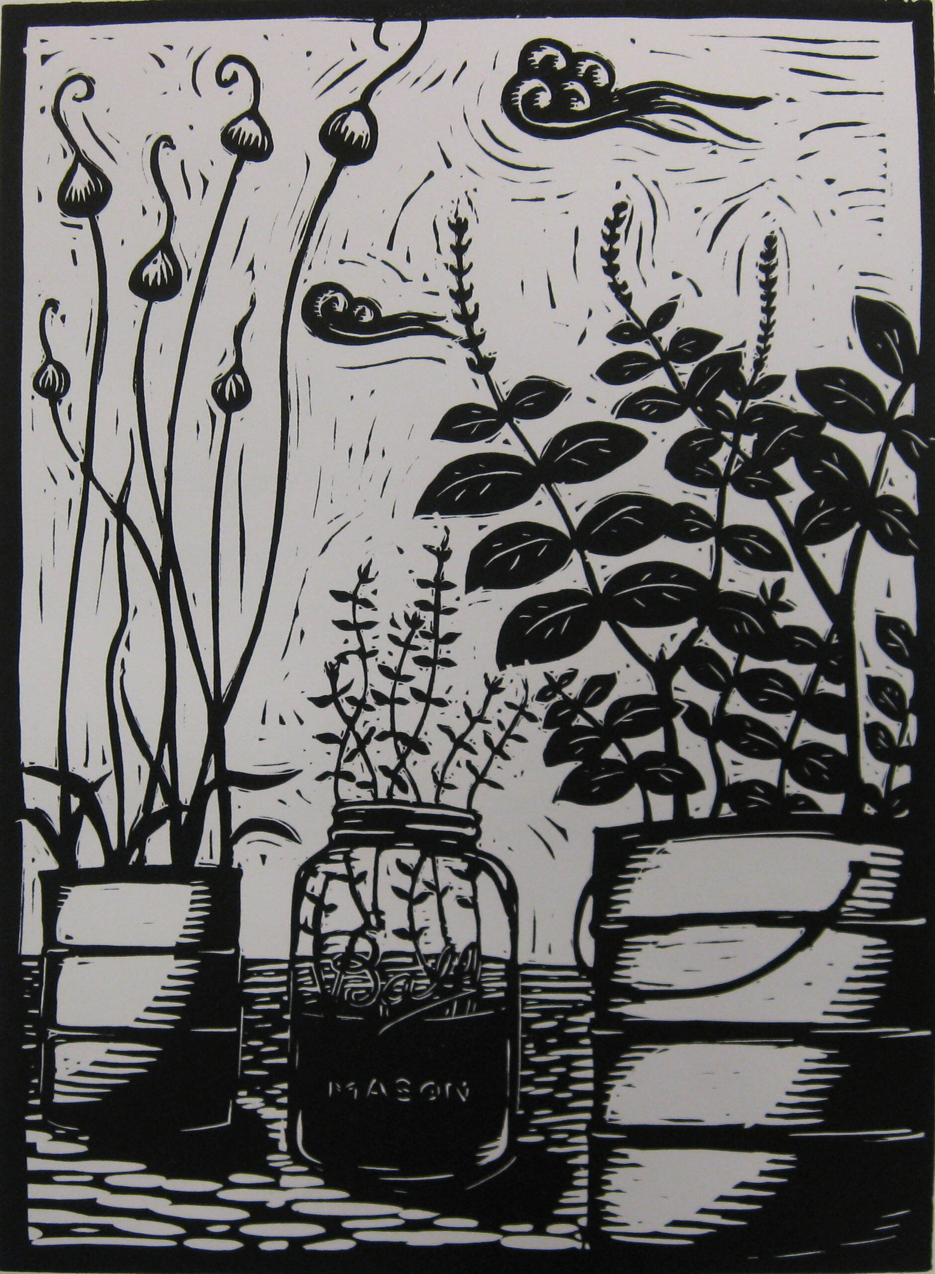 Black and gray print of plants growing from different jars and pots.